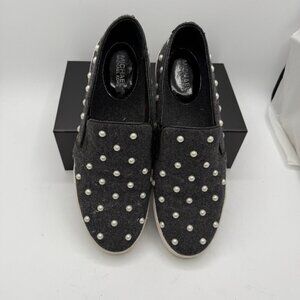 Michael Kors Keaton Sneakers Womens 8.5M Black Embellished Flannel Slip-On Shoes